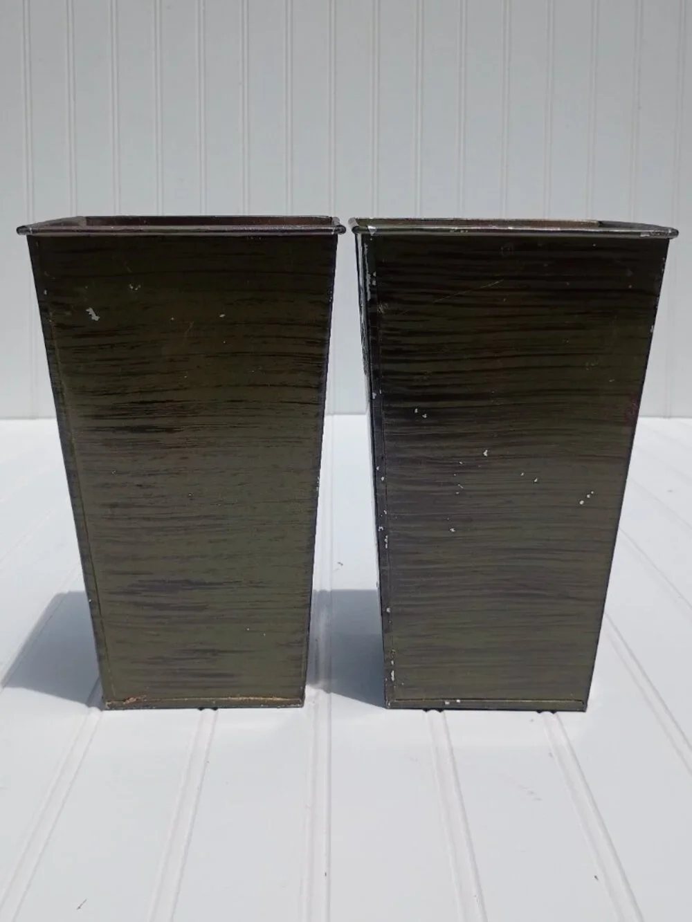 Vintage Metal Vases Planters Set of 2 Rectangular Tapered Industrial Rustic 8.5
